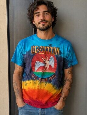 Led Zeppelin Icarus 1975 Tie Dye Liquid Blue Music T-Shirt Short Sleeve Large